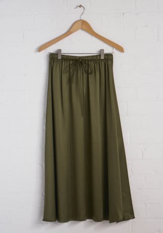TweedySmith Mulligan Skirt in Olive Satin